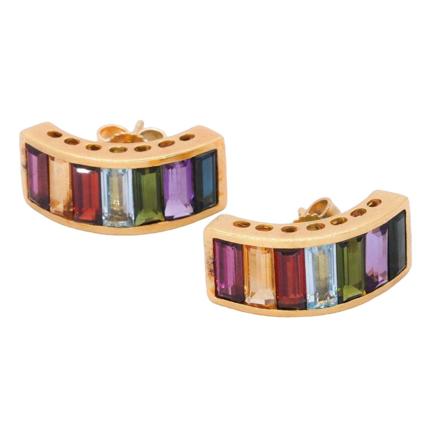 Designer 18k Yellow Gold 4.0CT Rainbow Gemstone Curved Earrings