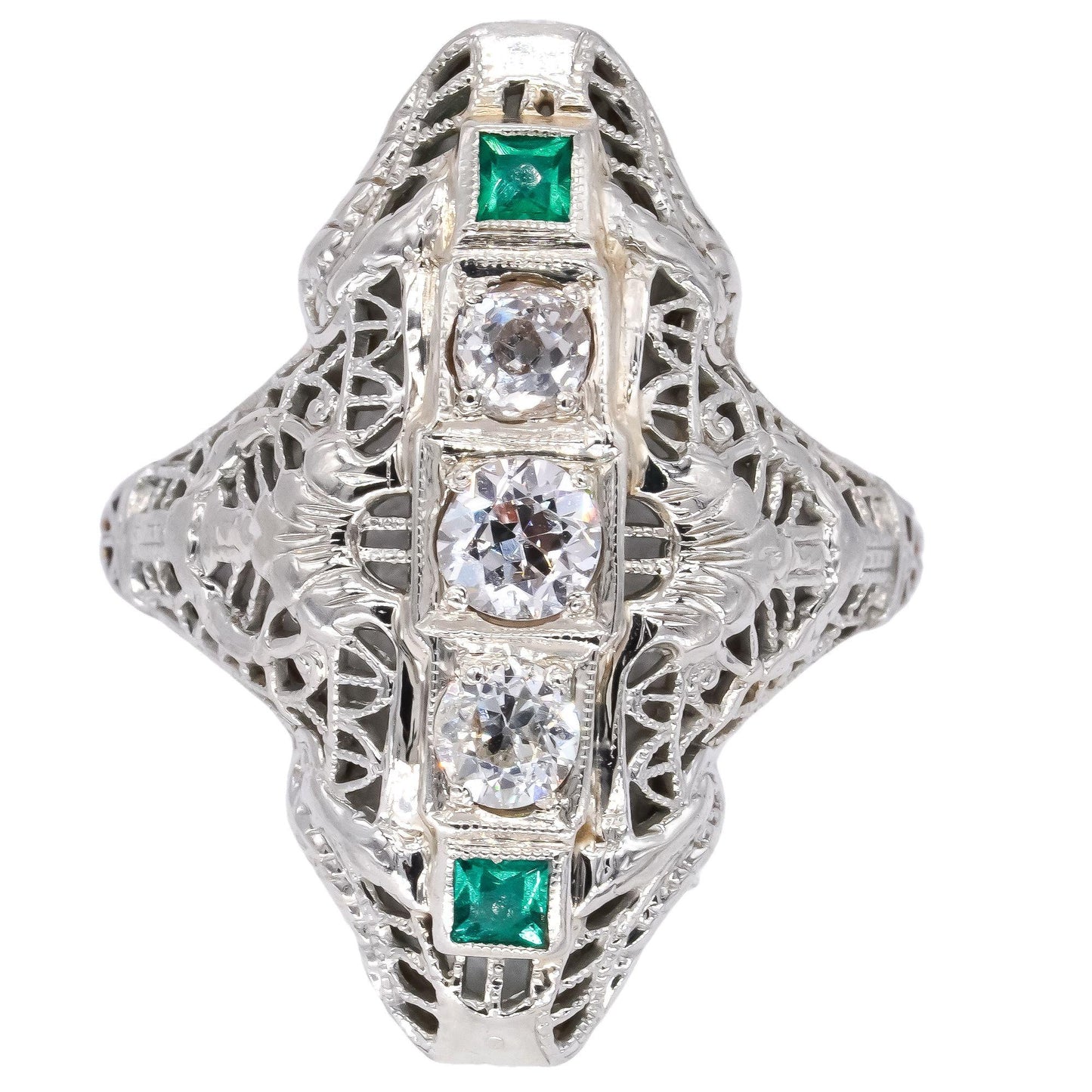 Antique 18k White Gold 0.38CT Diamond& Green Glass Filigree Ring size 6