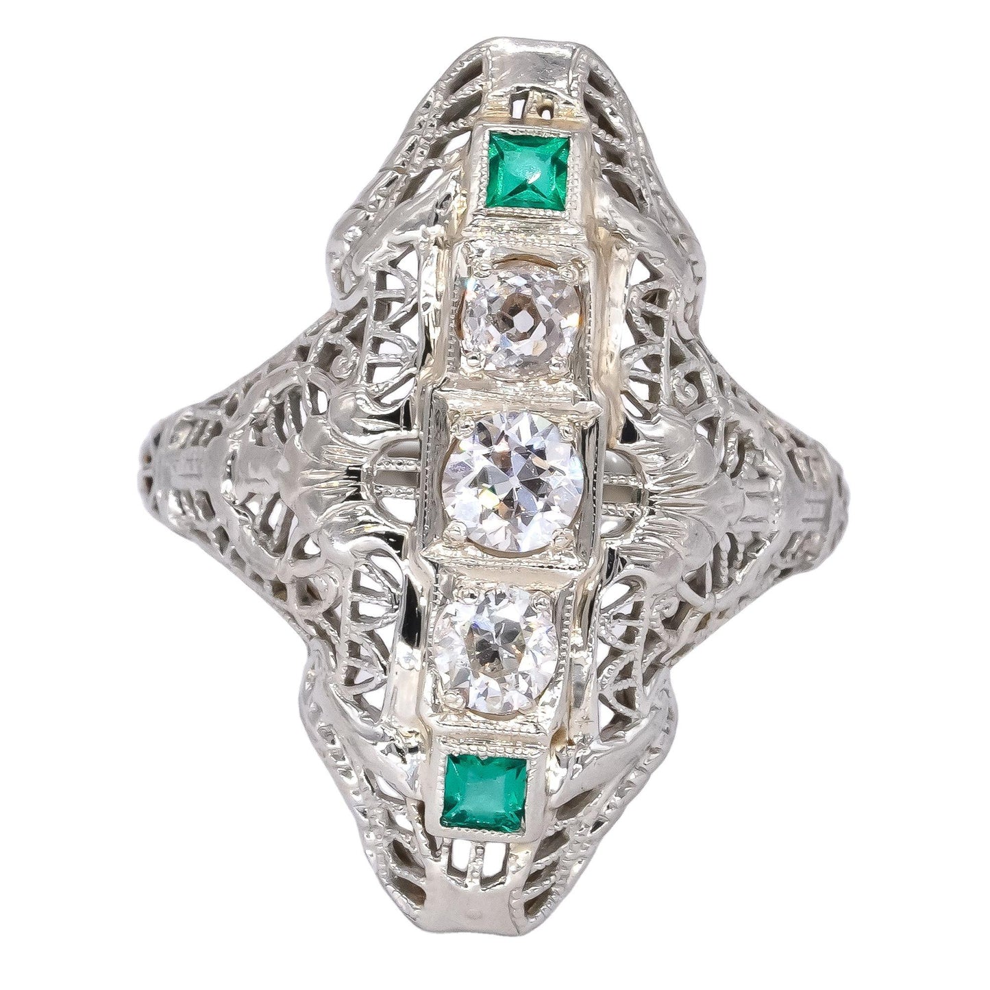 Antique 18k White Gold 0.38CT Diamond& Green Glass Filigree Ring size 6