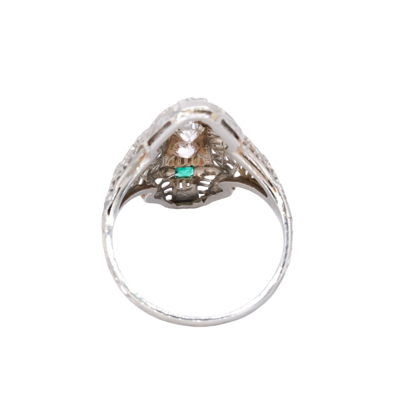 Antique 18k White Gold 0.38CT Diamond& Green Glass Filigree Ring size 6