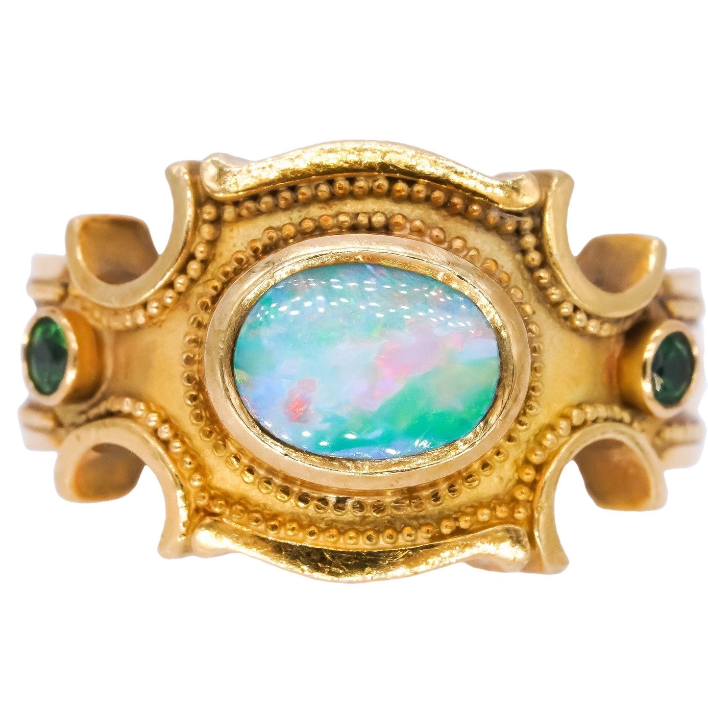 Designer 14k Yellow Gold 1.0CT Opal and Tsavorite Jumbo Ring size 7.75