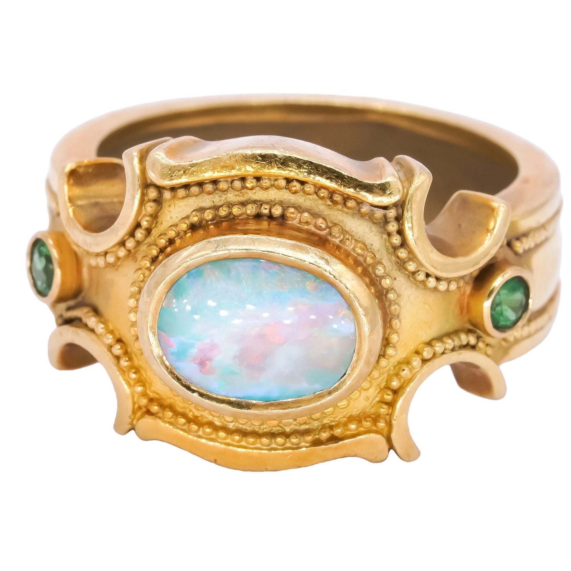 Designer 14k Yellow Gold 1.0CT Opal and Tsavorite Jumbo Ring size 7.75