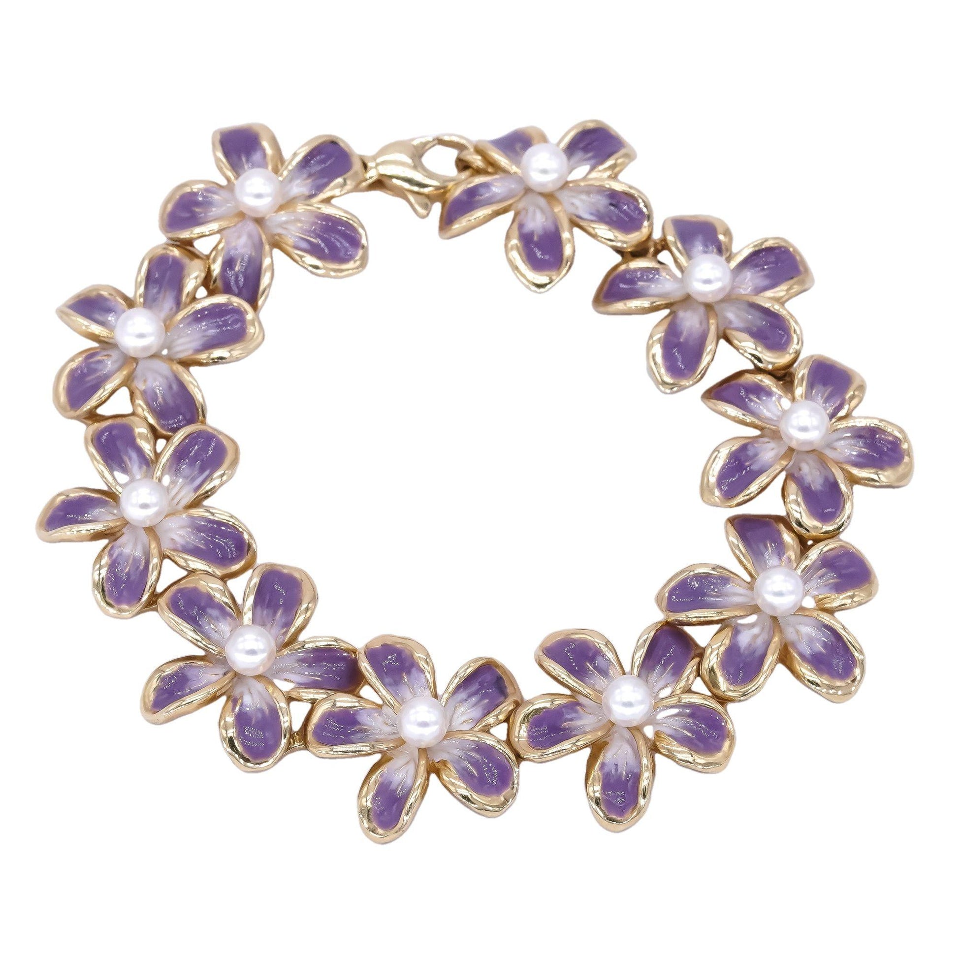 14k Yellow Gold Jewelry Enamel & 4.0mm Pearl Flower Bracelet