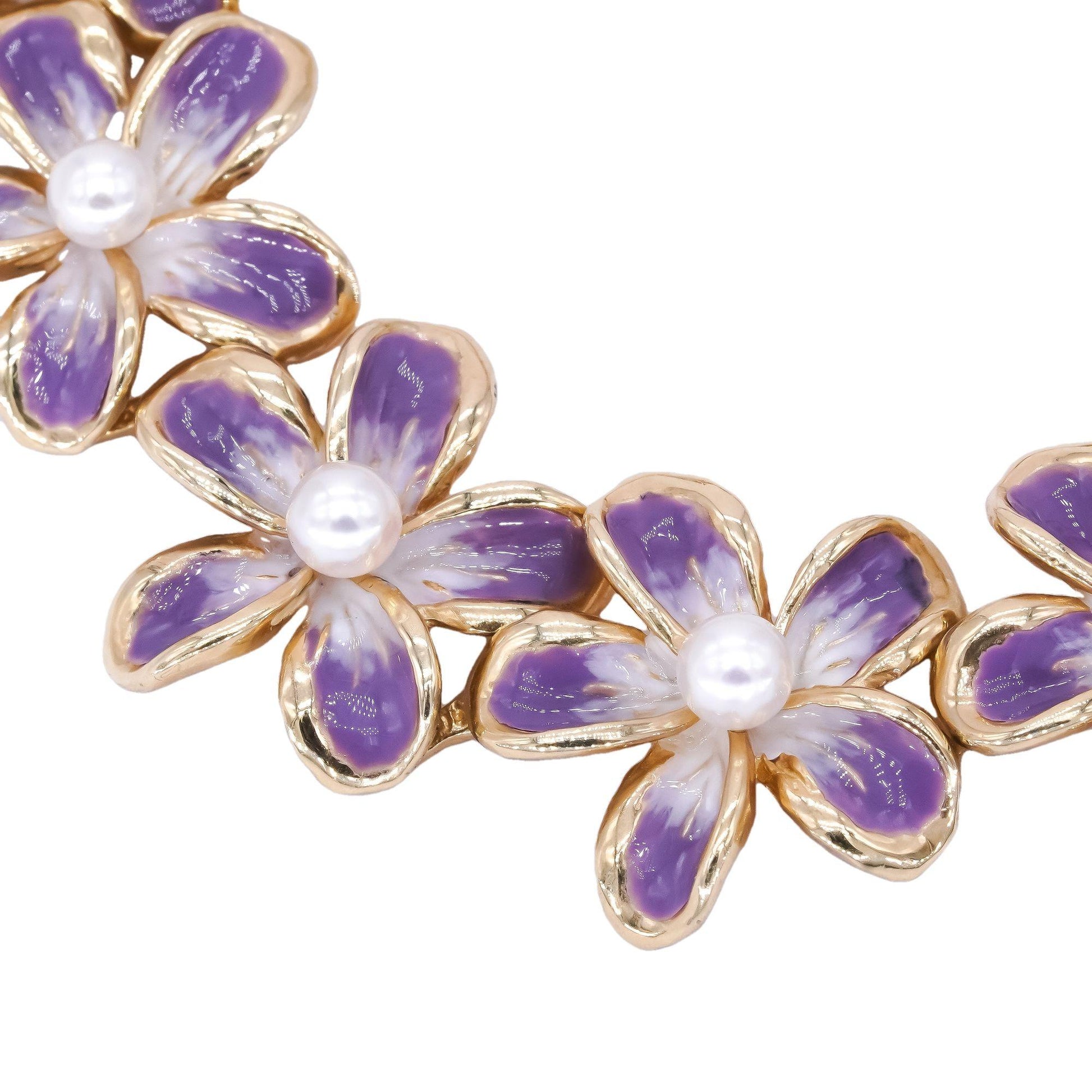 14k Yellow Gold Jewelry Enamel & 4.0mm Pearl Flower Bracelet