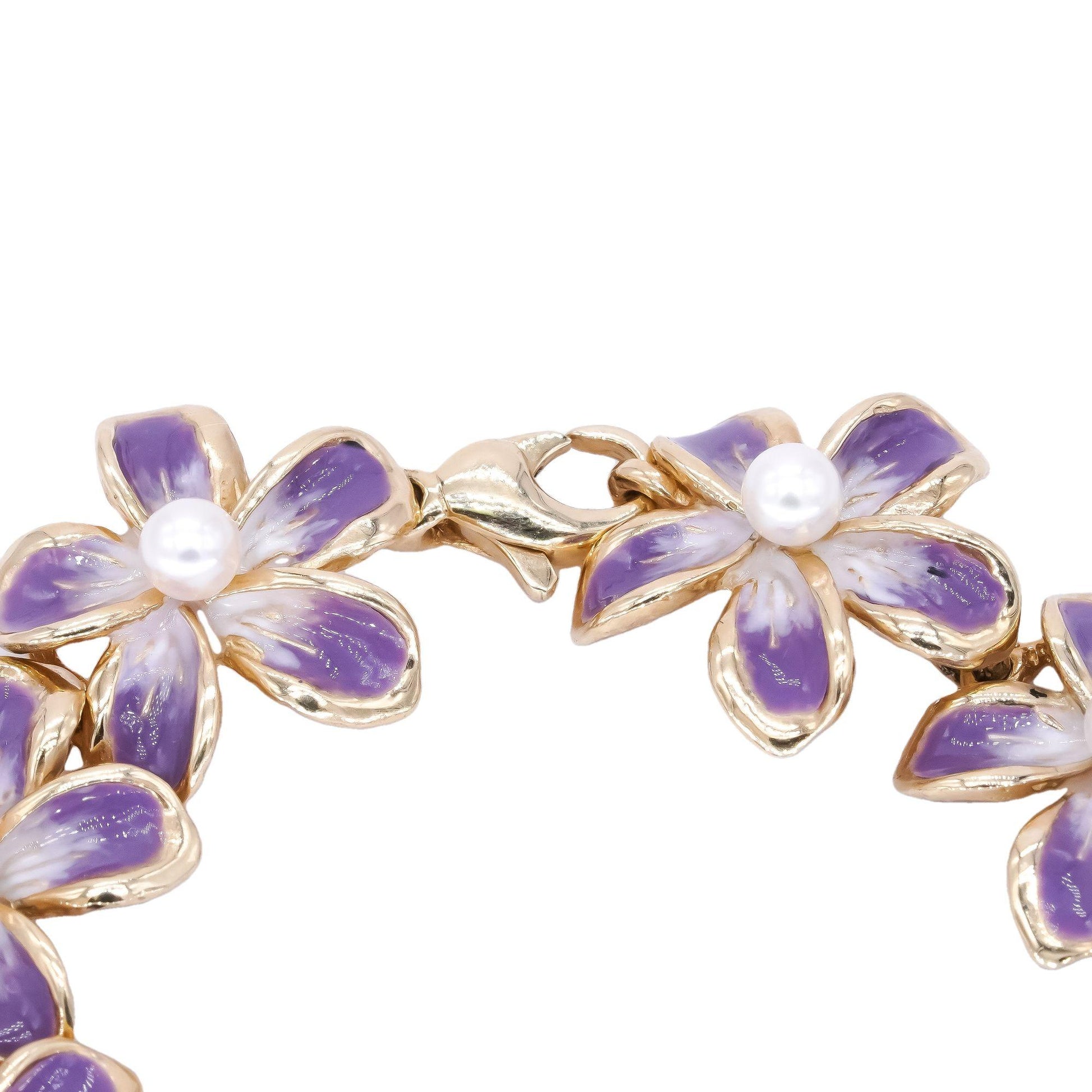 14k Yellow Gold Jewelry Enamel & 4.0mm Pearl Flower Bracelet