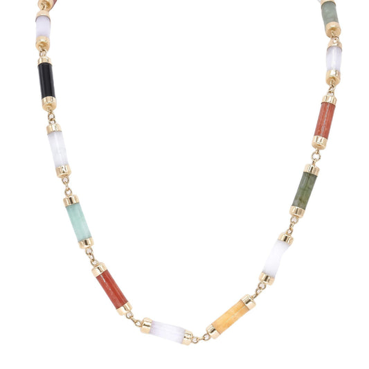 14k Yellow Gold Multi-Color Jadeite & Onyx Fancy Link Necklace