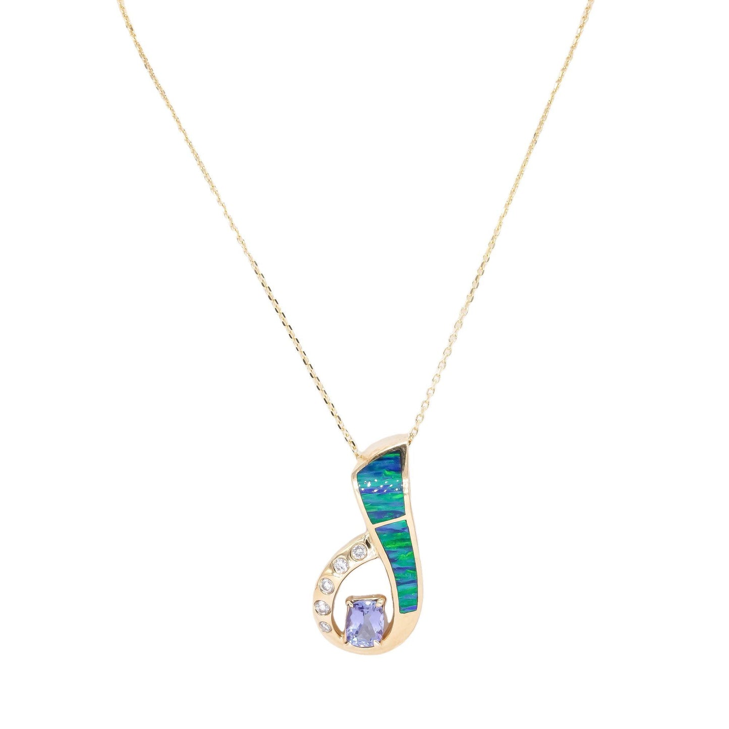 14k Yellow Gold 1.25CT VS Diamond Tanzanite Painted Enamel Opal Pendant Necklace