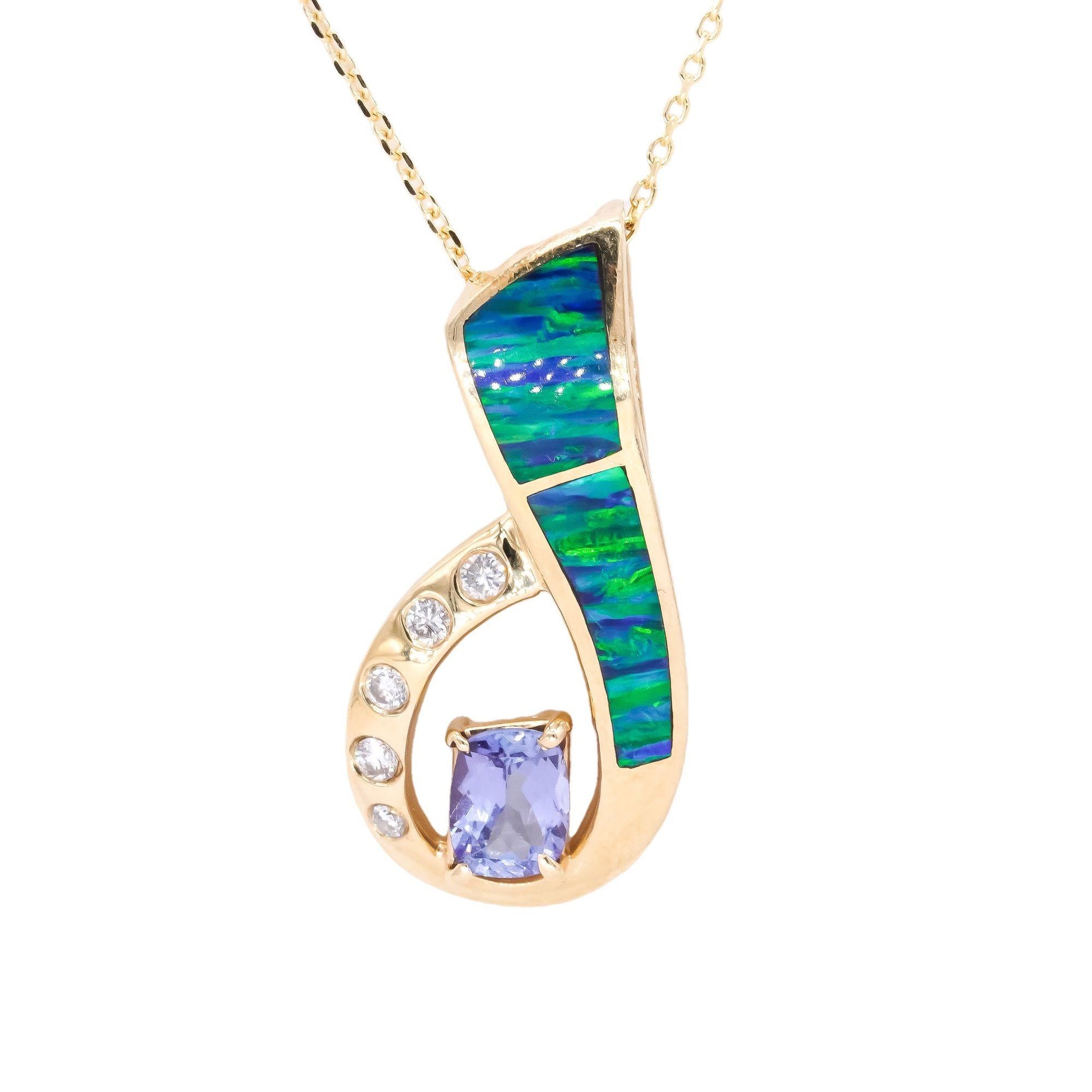 14k Yellow Gold 1.25CT VS Diamond Tanzanite Painted Enamel Opal Pendant Necklace