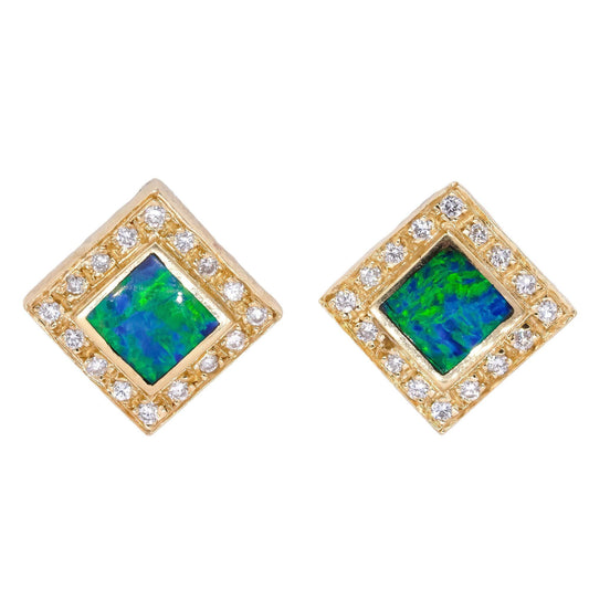 14k Yellow Gold Jewelry 0.50CT VS Diamond & Painted Enamel Opal Earrings