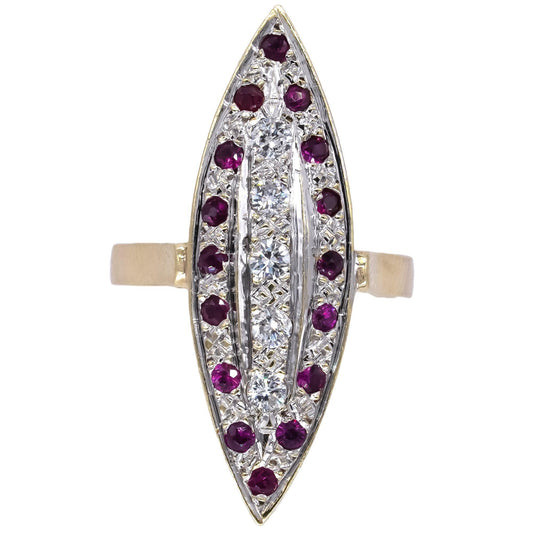 Vintage 14k White & Yellow Gold 0.75CT VS Diamond & Ruby Navette Ring size 5.25