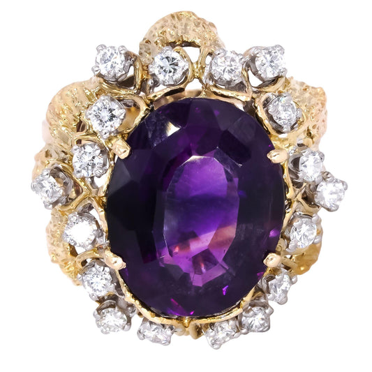 14k Yellow & White Gold 9.30CT VS Diamond & Amethyst Flower Retro Ring size 5.5