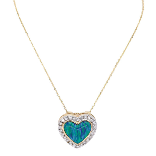 14k Yellow Gold 0.50CT VS Diamond & Painted Enamel Opal Heart Pendant Necklace