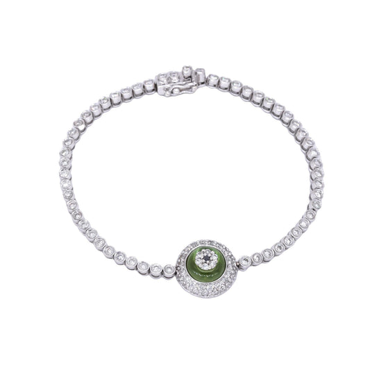 14k White Gold 1.50CT Diamond & Green Glass Flower Tennis Bracelet