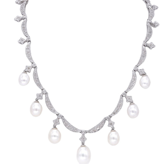 14k White Gold 0.25CT VS Diamond & Pearl Formal Drop Necklace