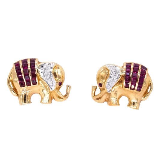 18k Yellow Gold Jewelry 0.39CT Diamond & Ruby Elephant Stud Earrings