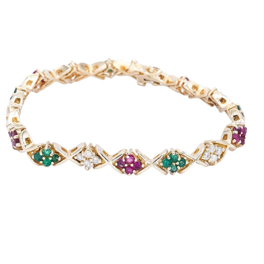 14k Yellow Gold 2.75CT Diamond Emerald Ruby "X" Style Tennis Bracelet