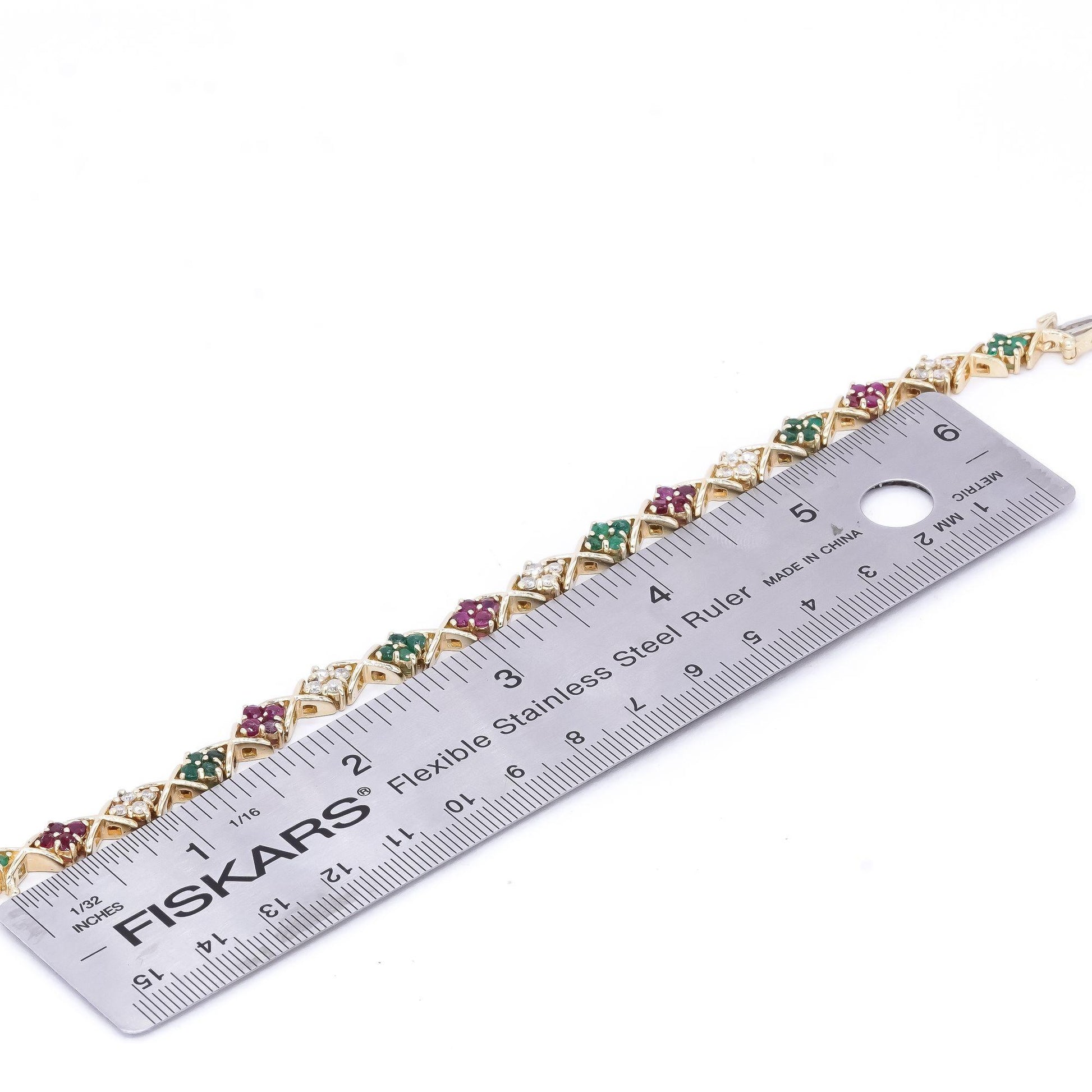 14k Yellow Gold 2.75CT Diamond Emerald Ruby "X" Style Tennis Bracelet