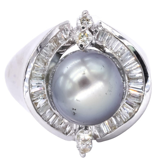 14k White Gold 1.0CT Diamond & 11.65mm Tahitian Pearl Ring size 8.75