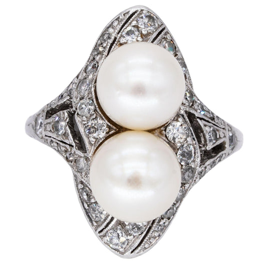 Vintage Platinum 0.80CT Diamond & 8.5mm Pearl Dinner Cocktail Ring size 6.75