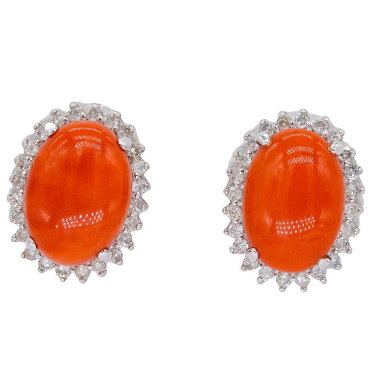 14k White Gold 0.50CT Diamond & Coral Halo Stud Earrings