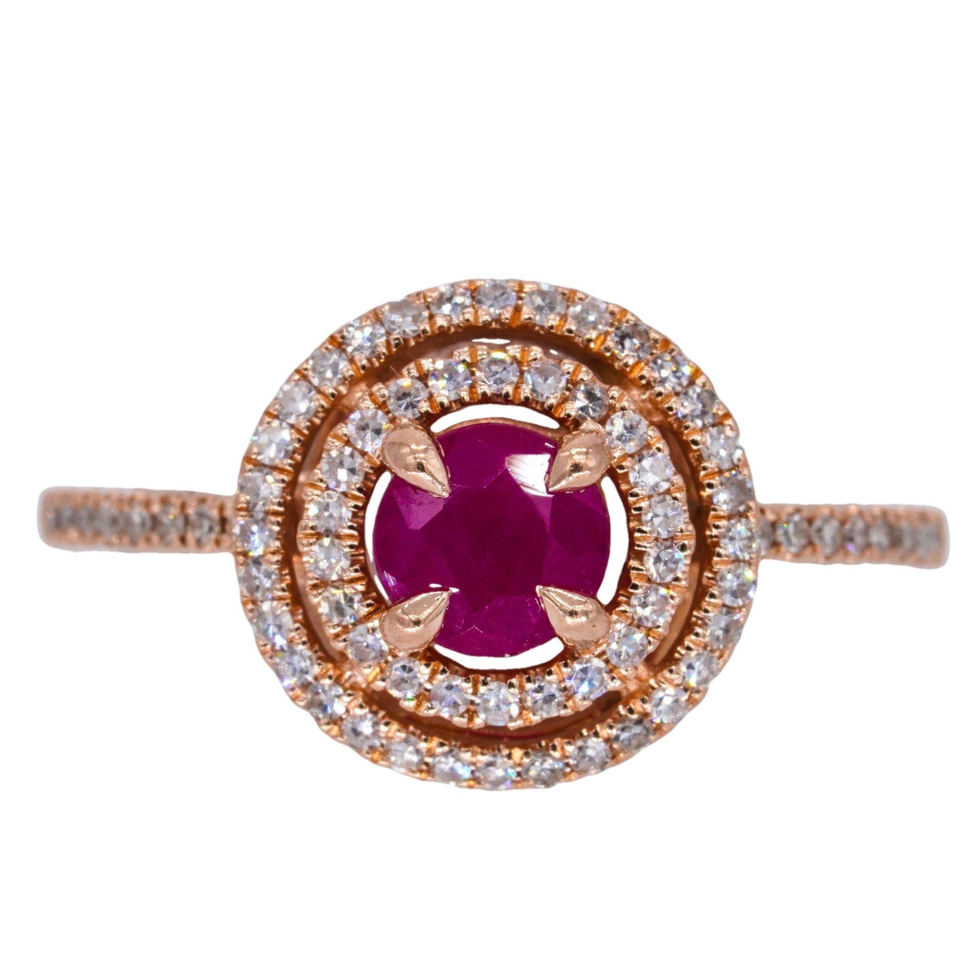 Effy Designer 14k Rose Gold 0.77CT VS Diamond & Ruby Swirl Halo Ring size 7