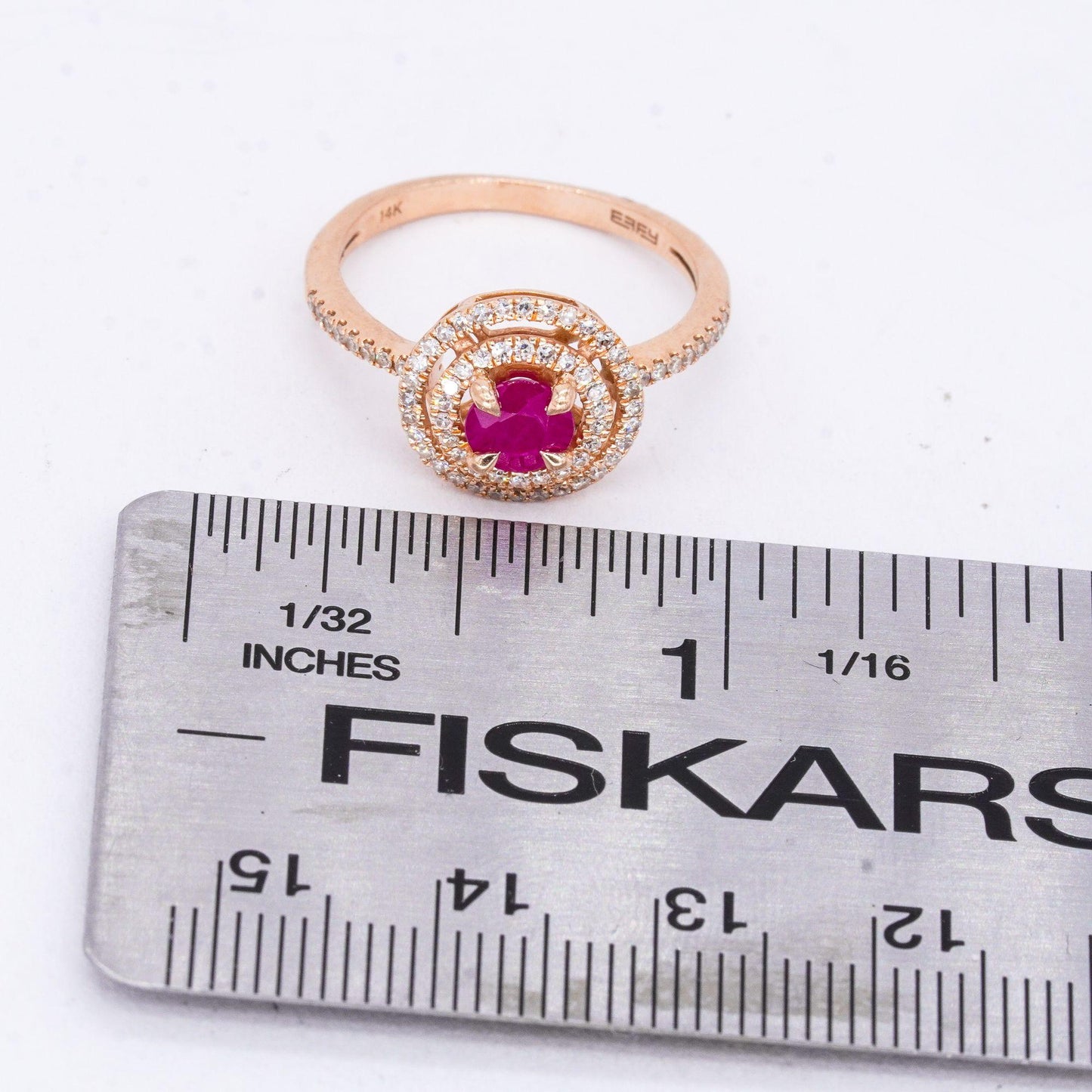 Effy Designer 14k Rose Gold 0.77CT VS Diamond & Ruby Swirl Halo Ring size 7