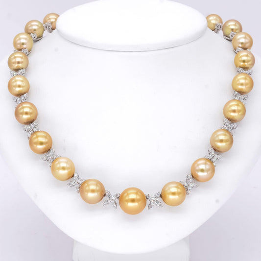 18k White Gold 5.78ct VS Diamond 9.4mm-13.4mm Golden Pearl Formal Necklace