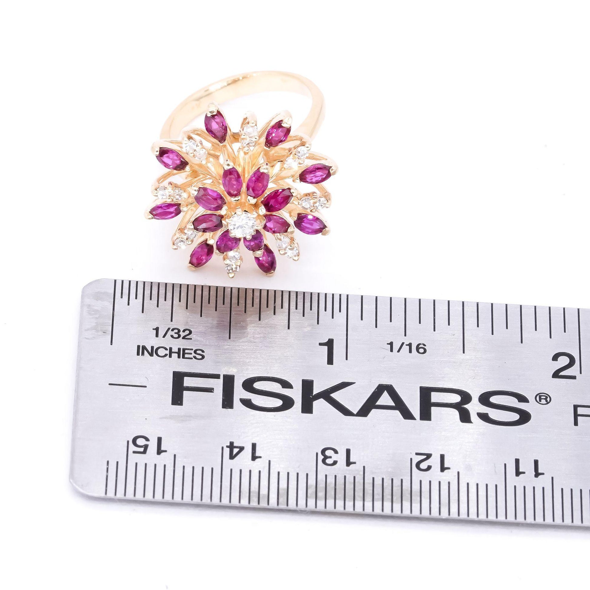 14k Yellow Gold Vintage 1.30ct VS Diamond + Ruby Flower Cocktail Ring Size 6