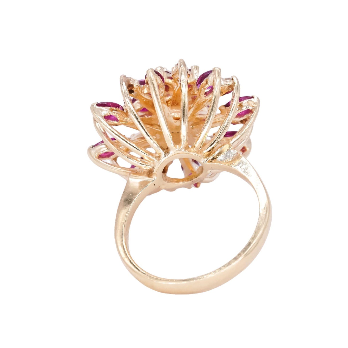 14k Yellow Gold Vintage 1.30ct VS Diamond + Ruby Flower Cocktail Ring Size 6