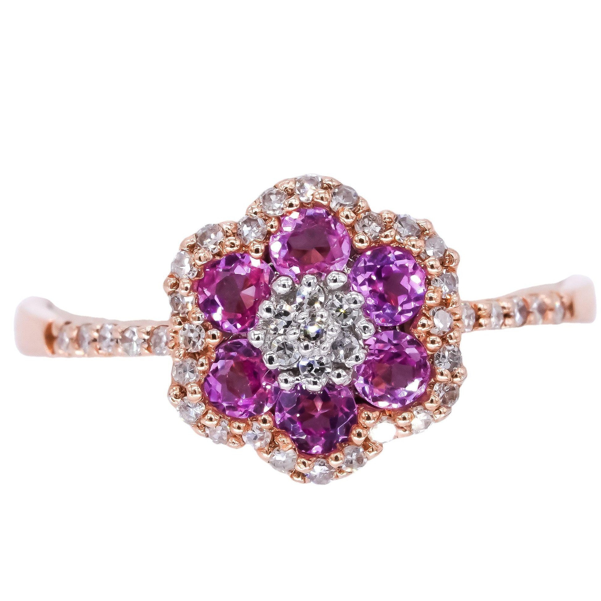 14k Rose Gold 0.55CT Diamond & Pink Sapphire Flower Cluster Ring size 6.75