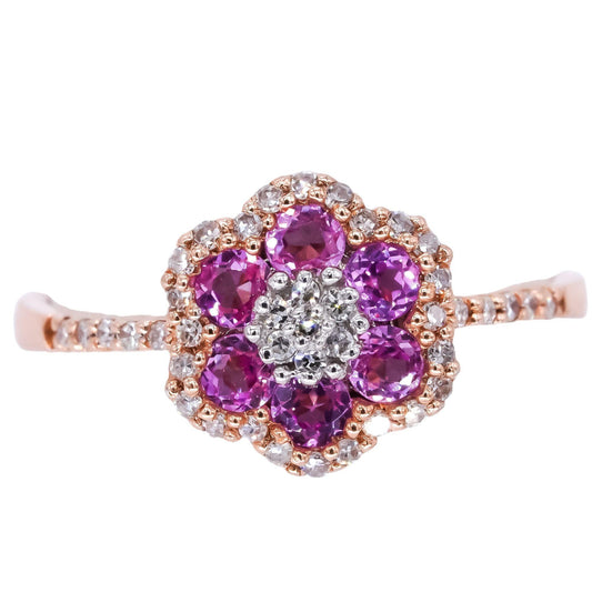 14k Rose Gold 0.55CT Diamond & Pink Sapphire Flower Cluster Ring size 6.75