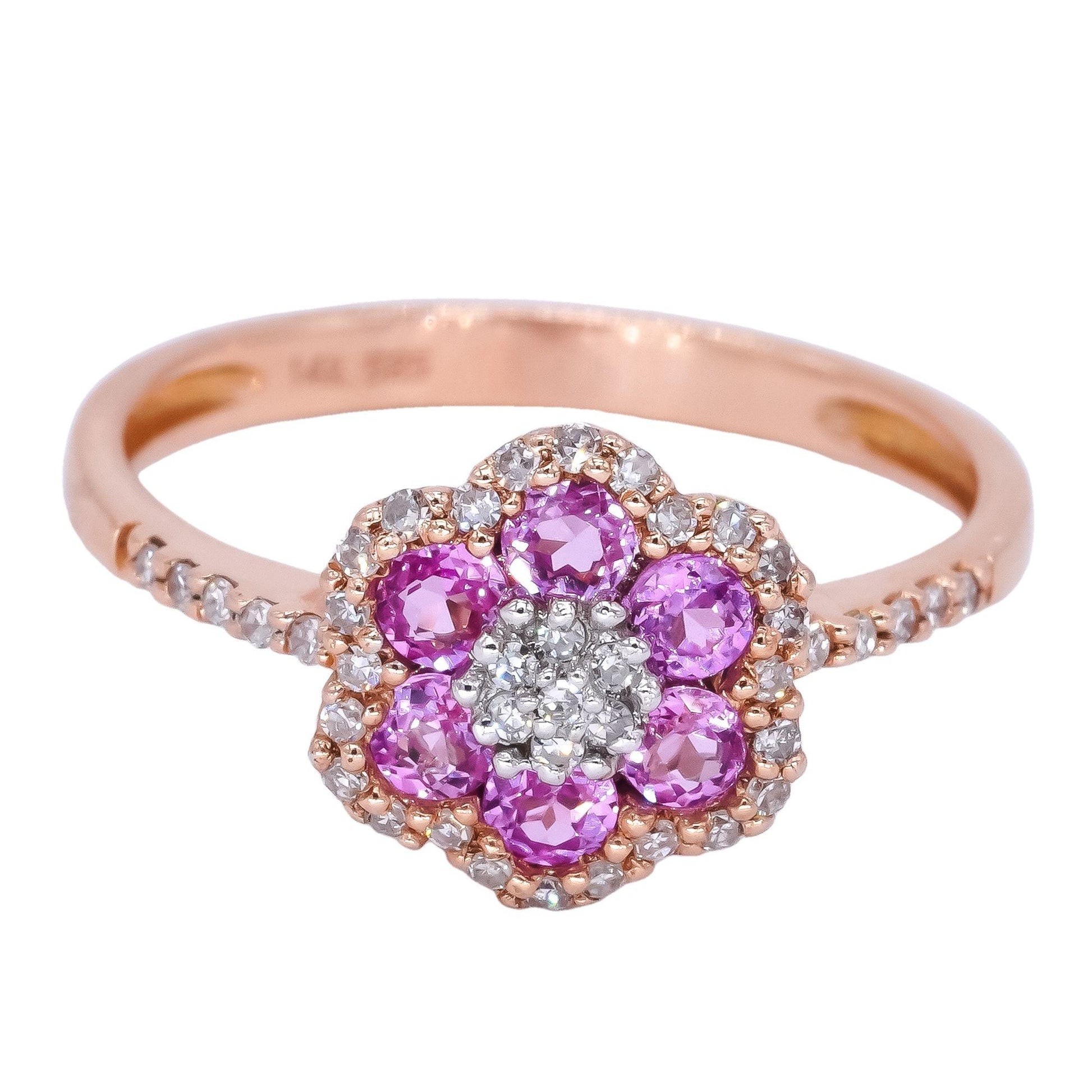 14k Rose Gold 0.55CT Diamond & Pink Sapphire Flower Cluster Ring size 6.75