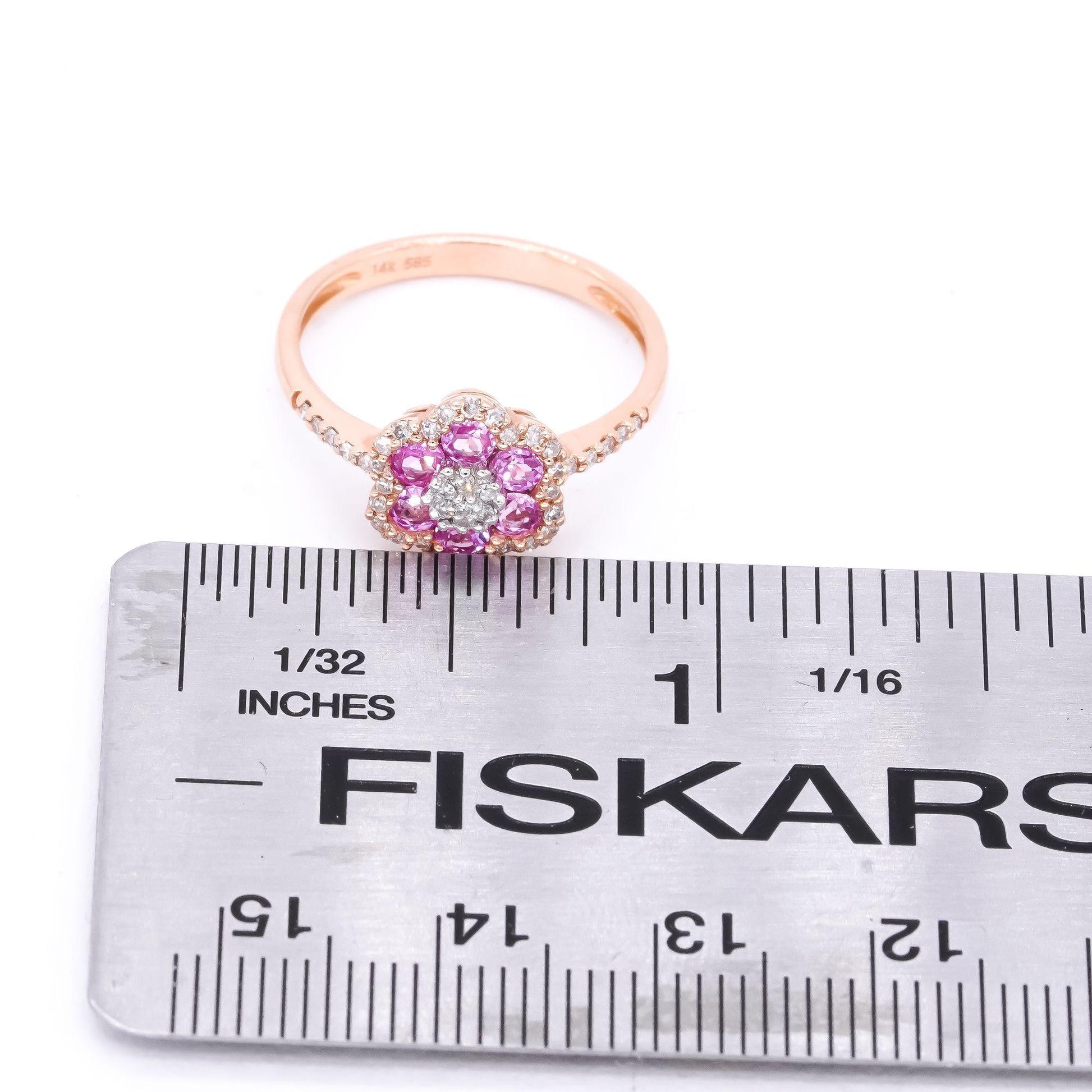 14k Rose Gold 0.55CT Diamond & Pink Sapphire Flower Cluster Ring size 6.75