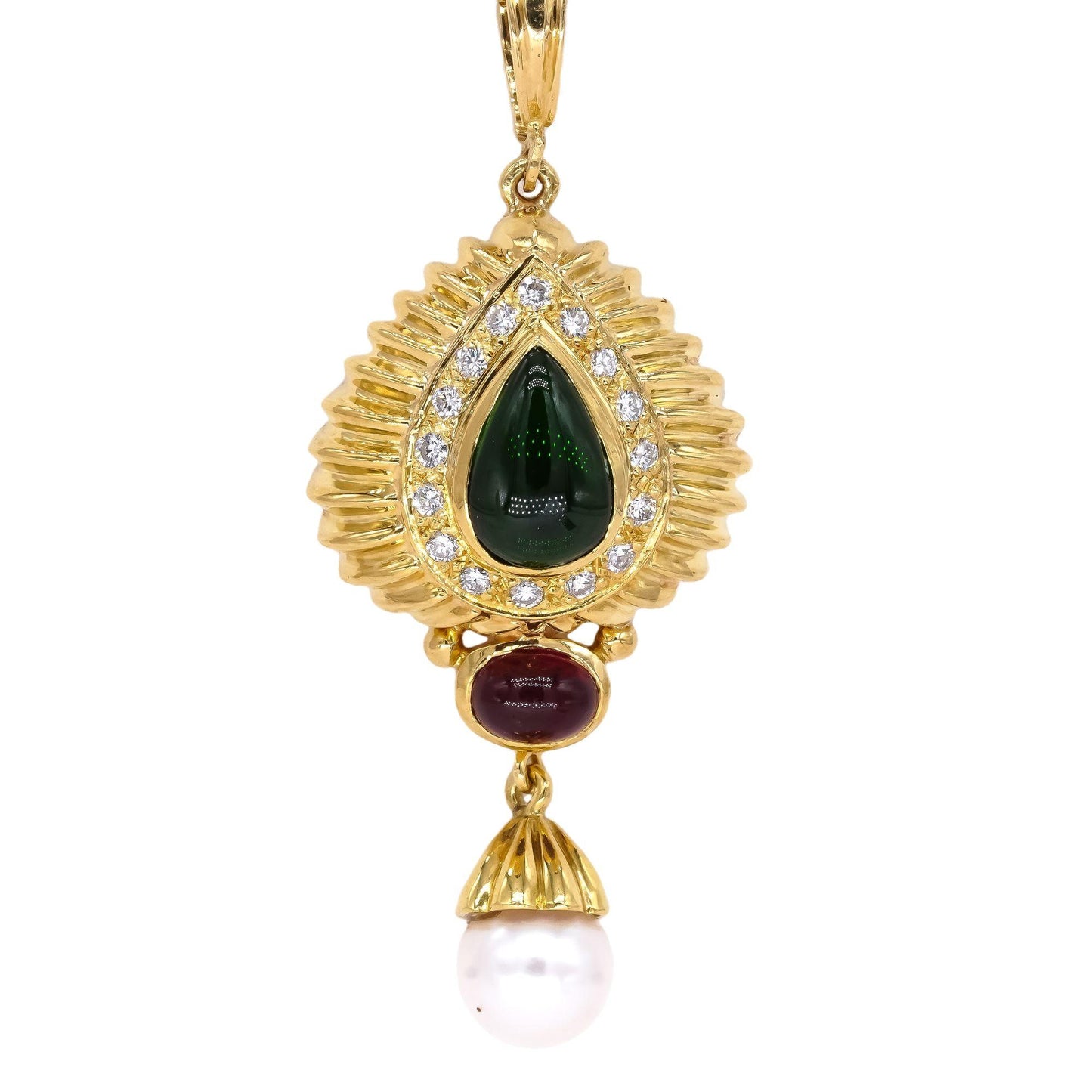 18k Yellow Gold 3.85CT VS Diamond Pearl Green & Pink Tourmaline Pendant Necklace