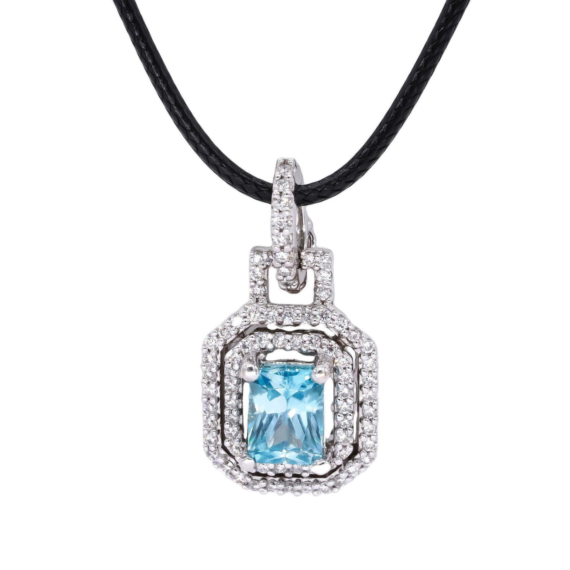 18k White Gold 2.09CT VS Diamond & Blue Zircon Pave Halo Pendant Necklace