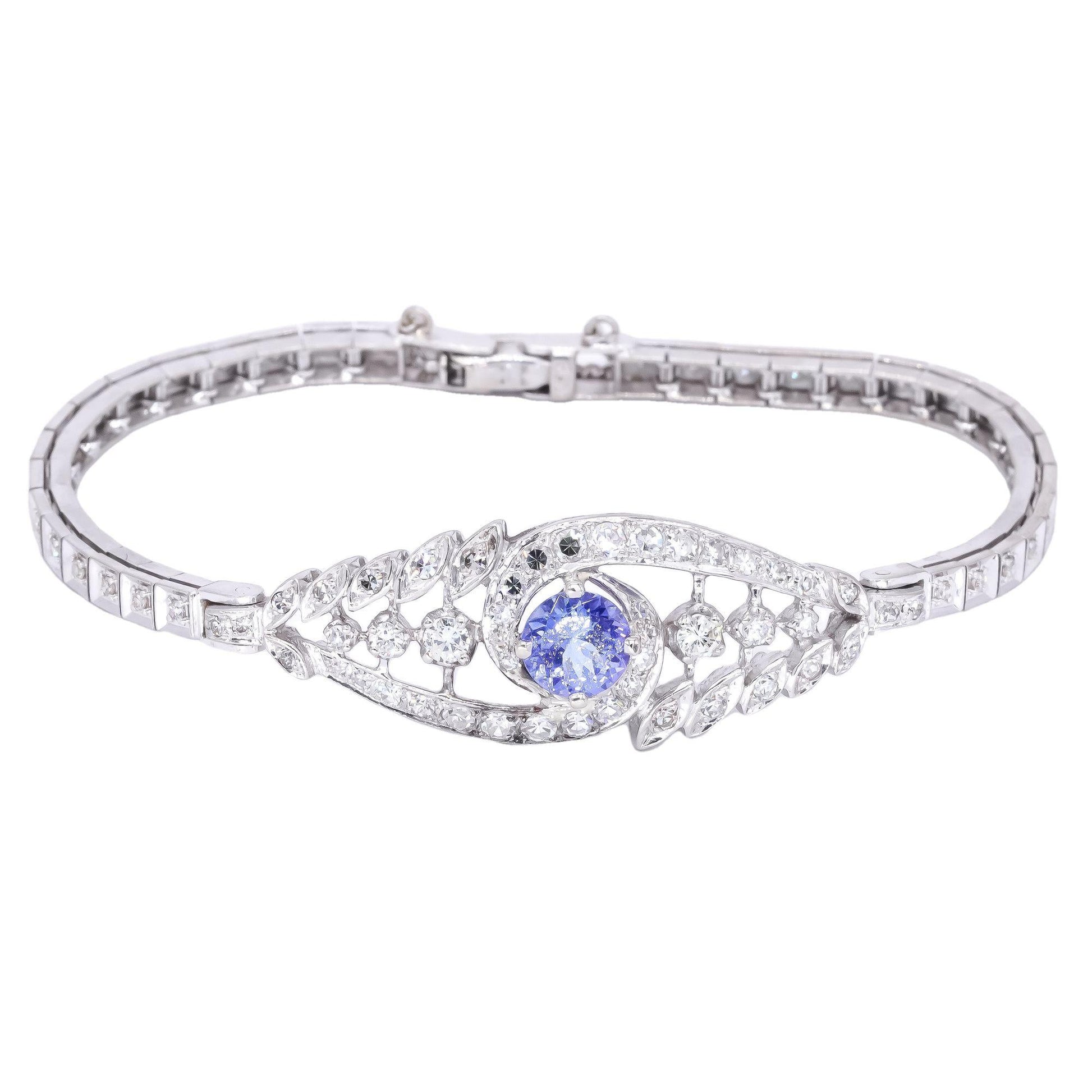 14k White Gold Vintage Jewelry 2.10CT VS Diamond & Tanzanite Fancy Bracelet