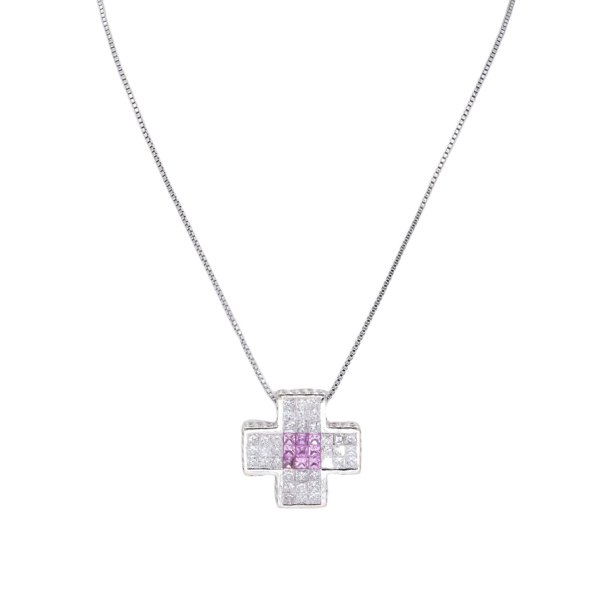 18k White Gold 2.80CT VS Diamond & Pink Sapphire Square Block Cross Necklace