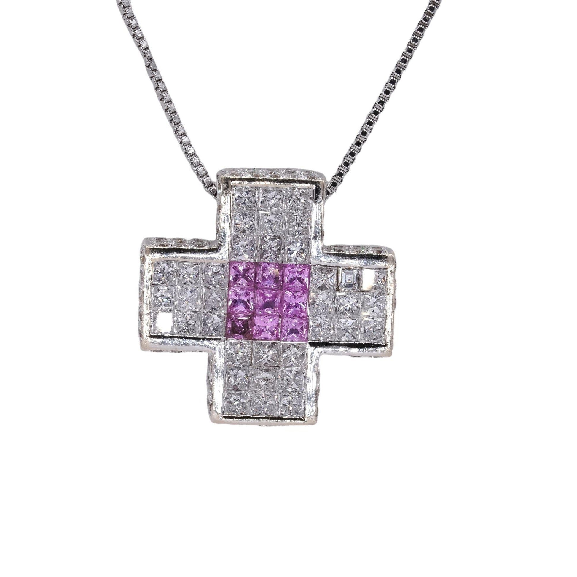 18k White Gold 2.80CT VS Diamond & Pink Sapphire Square Block Cross Necklace