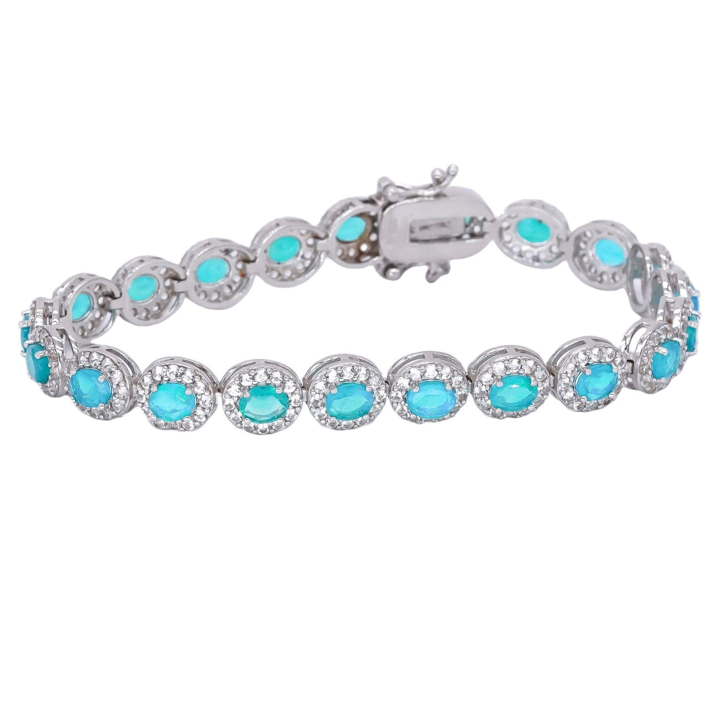 Sterling Silver 10.0CT Opal & White Topaz Halo Fancy Tennis Bracelet