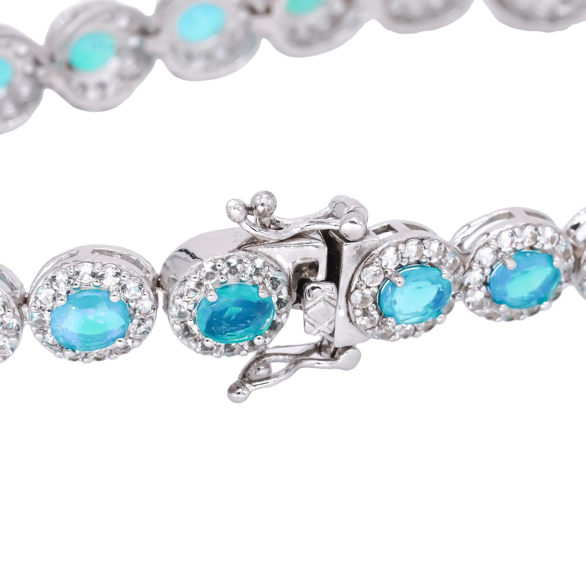 Sterling Silver 10.0CT Opal & White Topaz Halo Fancy Tennis Bracelet