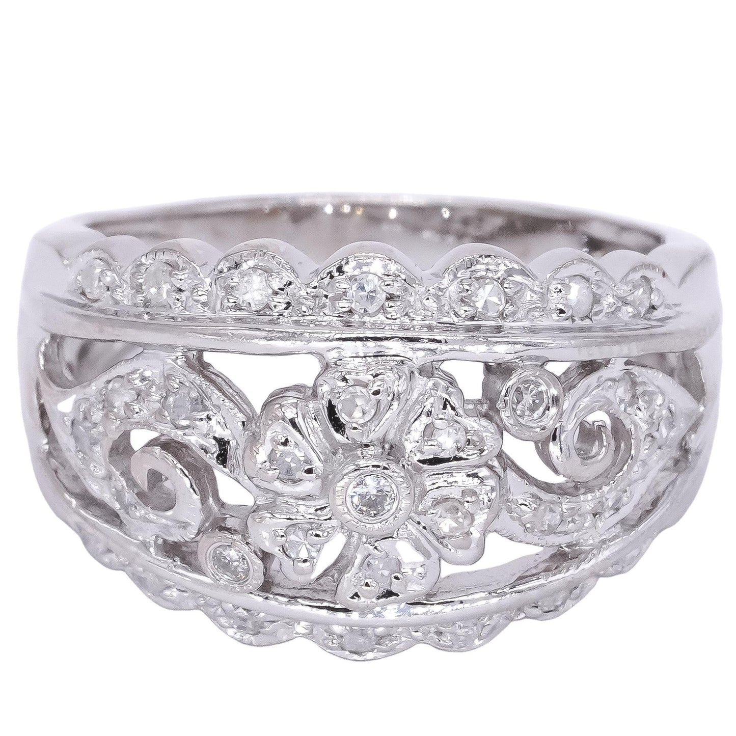 Vintage 14k White Gold Jewelry 0.20CT Diamond Flower Ring size 5.5