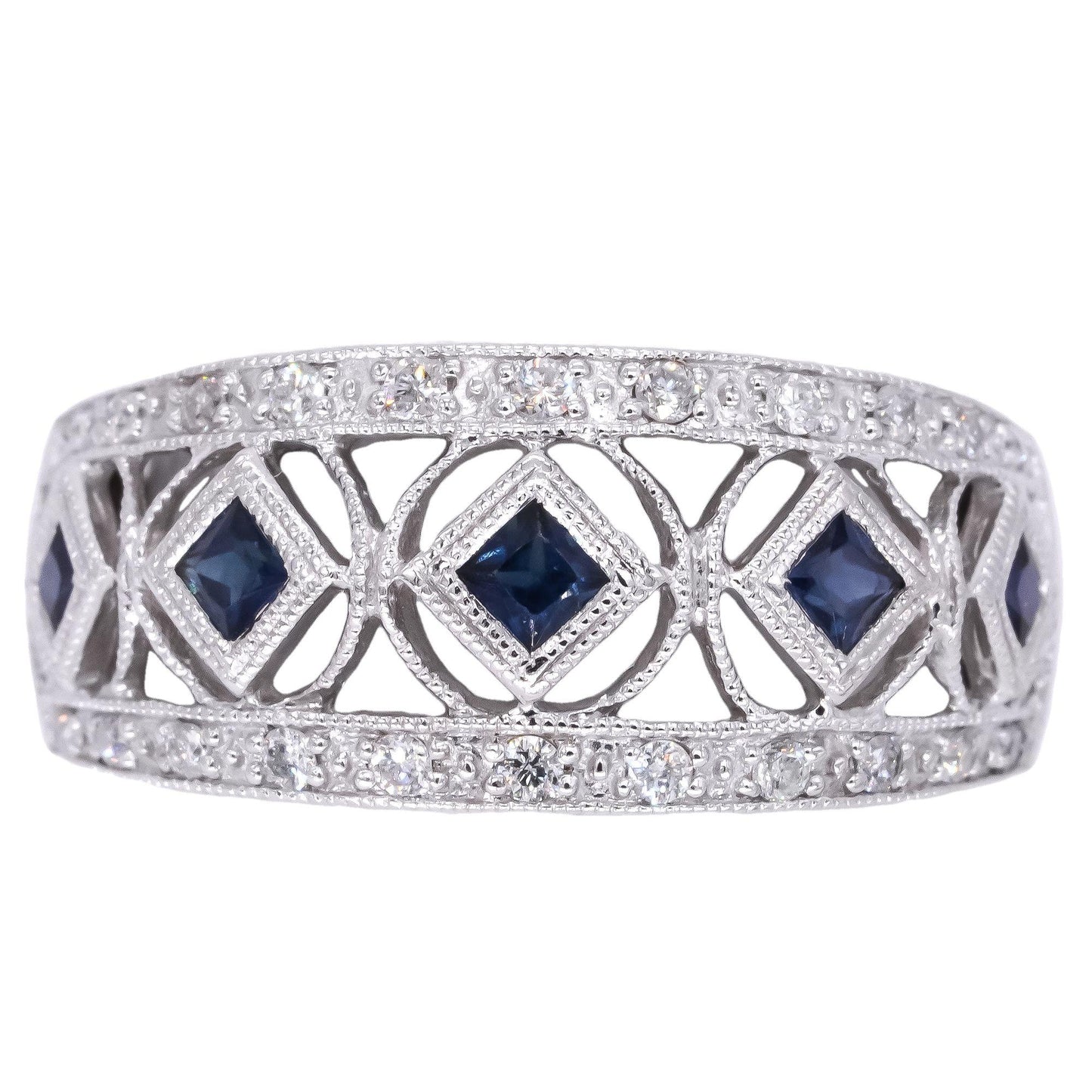 Le Vian 14k White Gold 0.55CT Diamond & Sapphire Filigree Band Ring size 7.25