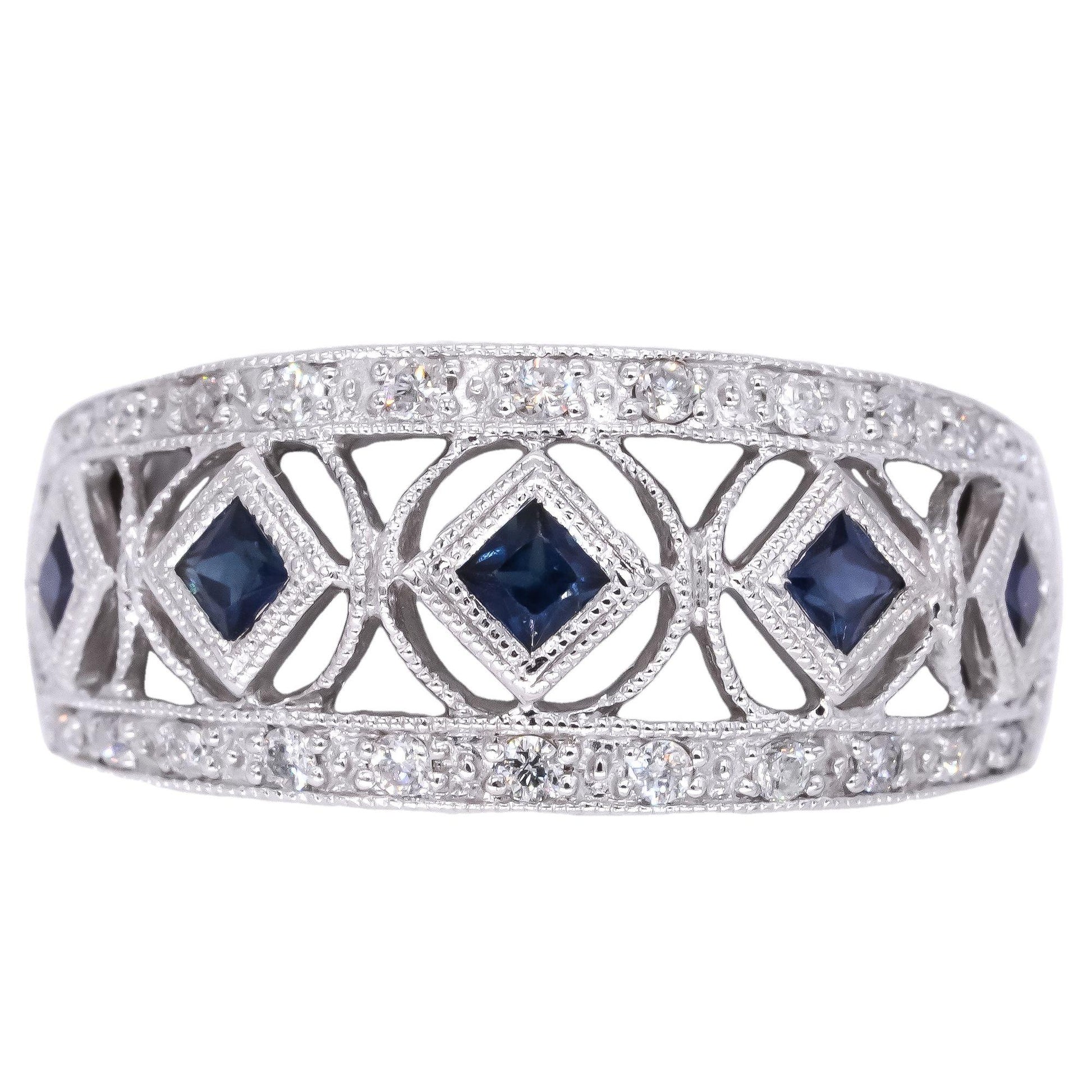 Le Vian 14k White Gold 0.55CT Diamond & Sapphire Filigree Band Ring size 7.25