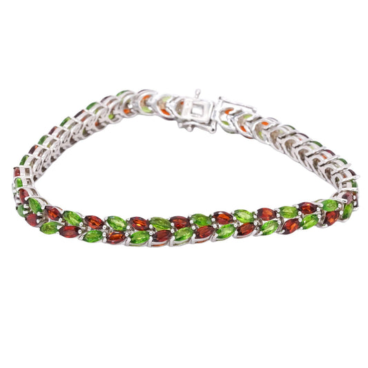 Sterling Silver 12.0ct Green Amethyst & Orange Garnet Floral Tennis Bracelet