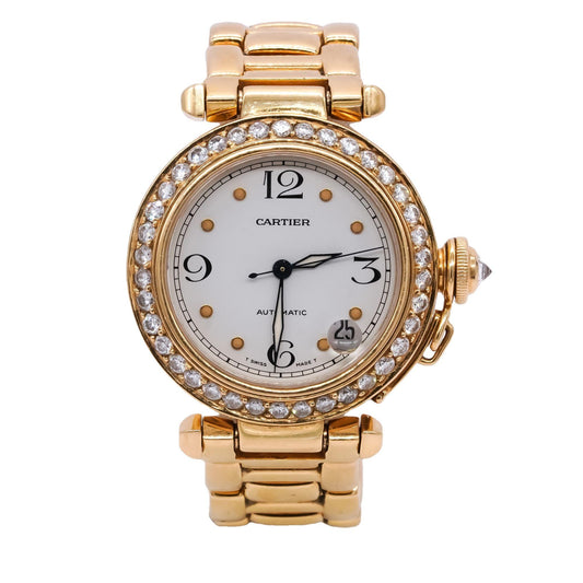 Cartier Pasha 1035 18k Gold Automatic Mens Watch w/ 2.50CT Diamond Bezel & Crown