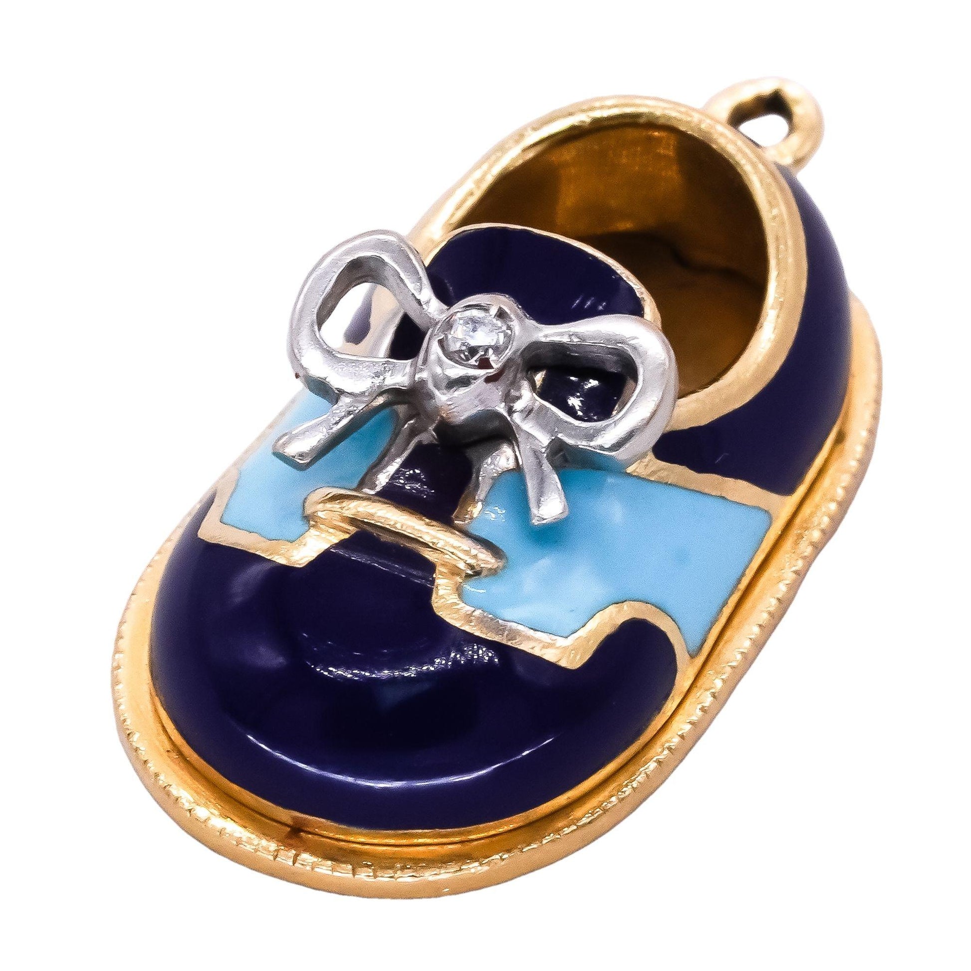 Aaron Basha Designer 18k White & Yellow Gold Blue Enamel Bow Baby Shoe Charm