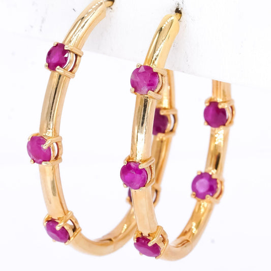 14k Yellow Gold Jewelry 3.70CT Ruby In & Out Hoop Earrings