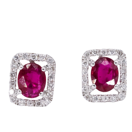 18k White Gold 0.35CT Diamond & Ruby Halo Stud Screw Back Earrings