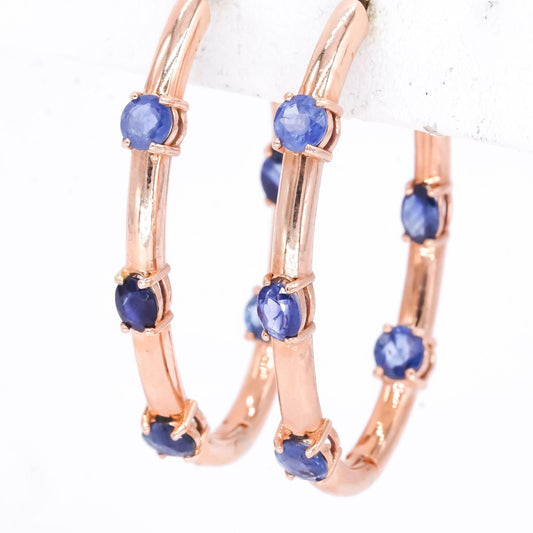 14k Rose Gold 4.01CT Blue Sapphire Inside Out Hoop Earrings