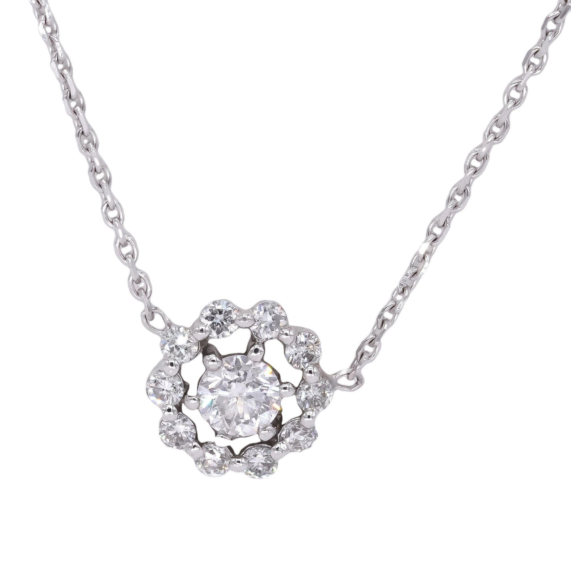 14k White Gold 0.50CT Diamond Halo Cluster Round Pendant Necklace